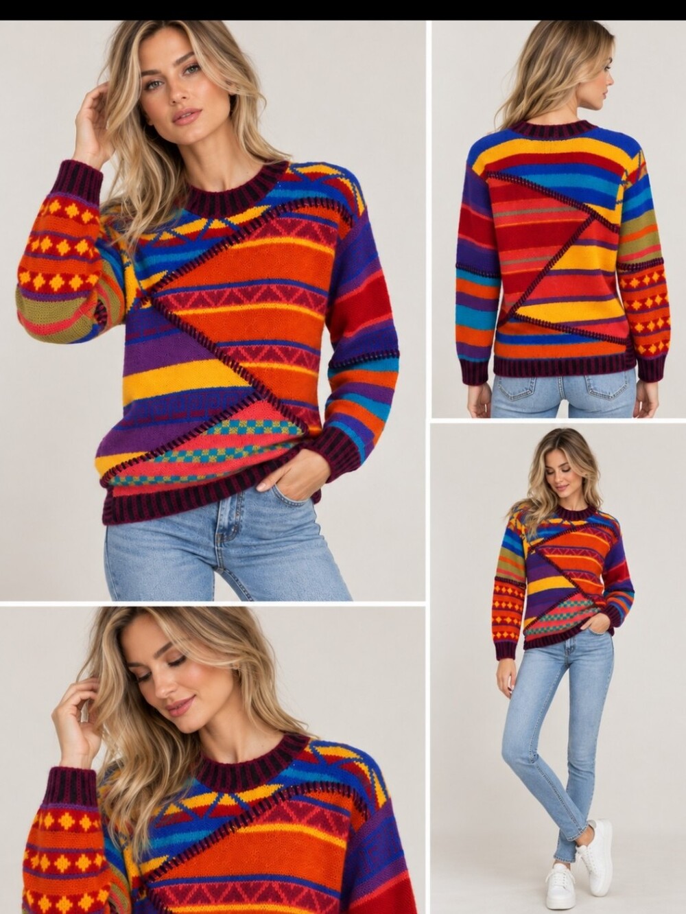 Vintage Kenji 50% Mohair Hand Knit Sweater Colorful Geometric M 80s 90s